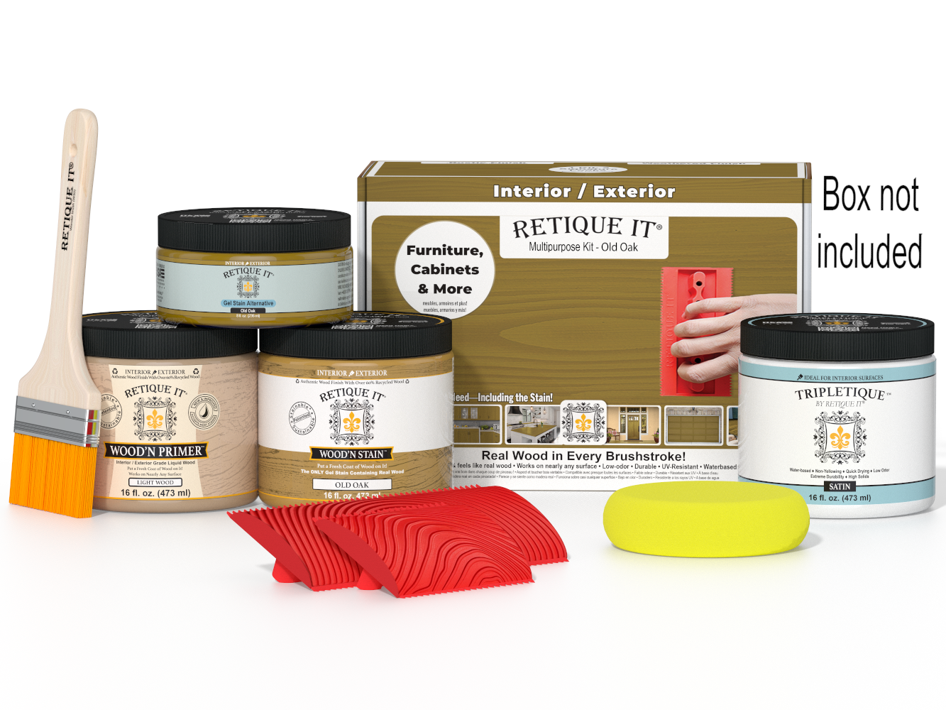 Retique It® Wood'n Finish Kit in Old Oak for interior top coat, featuring a box with wood stain and finishing supplies.