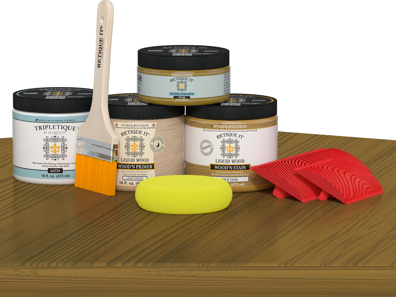 Retique It® Wood'n Finish Kit in Old Oak stain, shown on table surface, features double-sized stain bottles for wood finishing projects.
