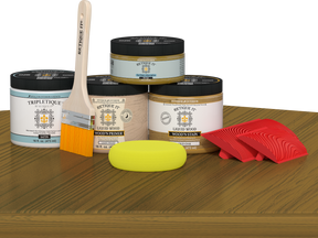 Retique It® countertop kit with Old Oak stain applied to a kitchen island, showcasing wood grain and finish details.