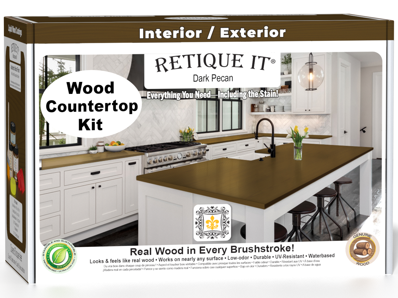 Retique It® dark pecan countertop kit for kitchen islands, featuring stain samples and application tools for custom kitchen upgrades.
