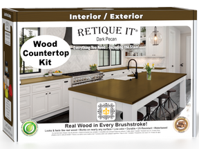 Retique It® dark pecan countertop kit for kitchen islands, featuring stain samples and application tools for custom kitchen upgrades.