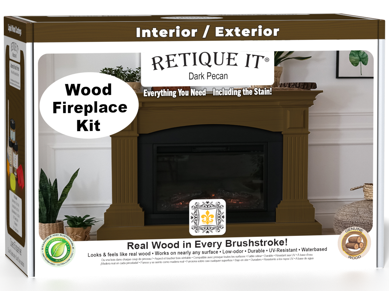 Retique It® Fireplace Wood'n Finish Kit in Dark Pecan stain, featuring a full fireplace with wood finish and stain application.