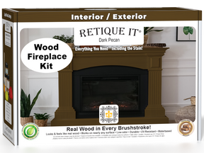 Retique It® Fireplace Wood'n Finish Kit in Dark Pecan stain, featuring a full fireplace with wood finish and stain application.