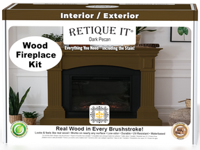 Retique It® Fireplace Wood'n Finish Kit in Dark Pecan stain, showing the full fireplace with wood finish and stain application.