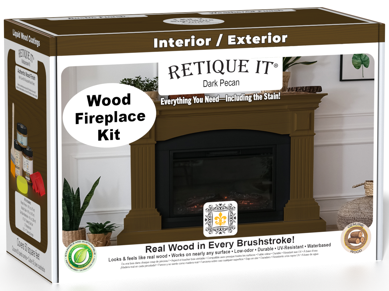 Retique It® Fireplace Wood'n Finish Kit in Dark Pecan stain, featuring a full fireplace with wood finish and stain application tools.
