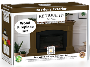 Retique It® Fireplace Wood'n Finish Kit in Dark Pecan stain, featuring a full fireplace with wood finish and stain application tools.