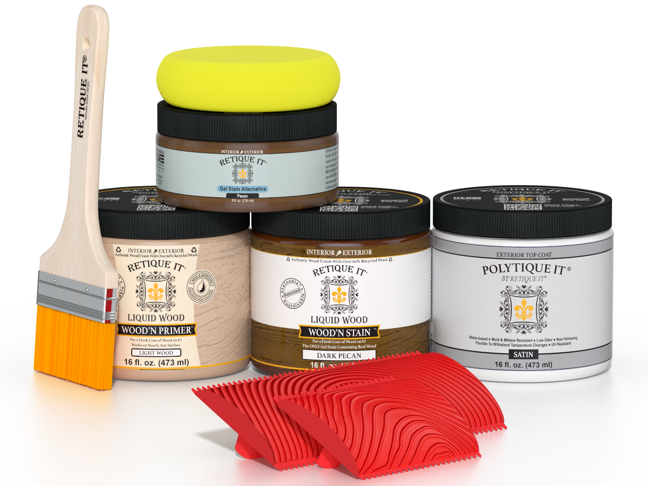 Dark Pecan Wood'n Finish Kit by Retique It® for exterior wood projects, includes satin top coat and application tools.