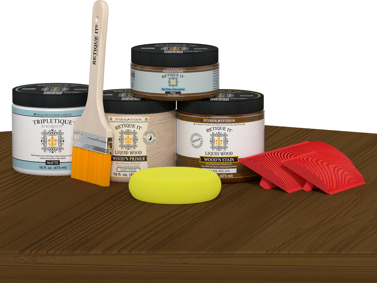 Retique It® Wood'n Finish Kit Double Size in Dark Pecan stain, showing the stain applicator and sample wood surface.
