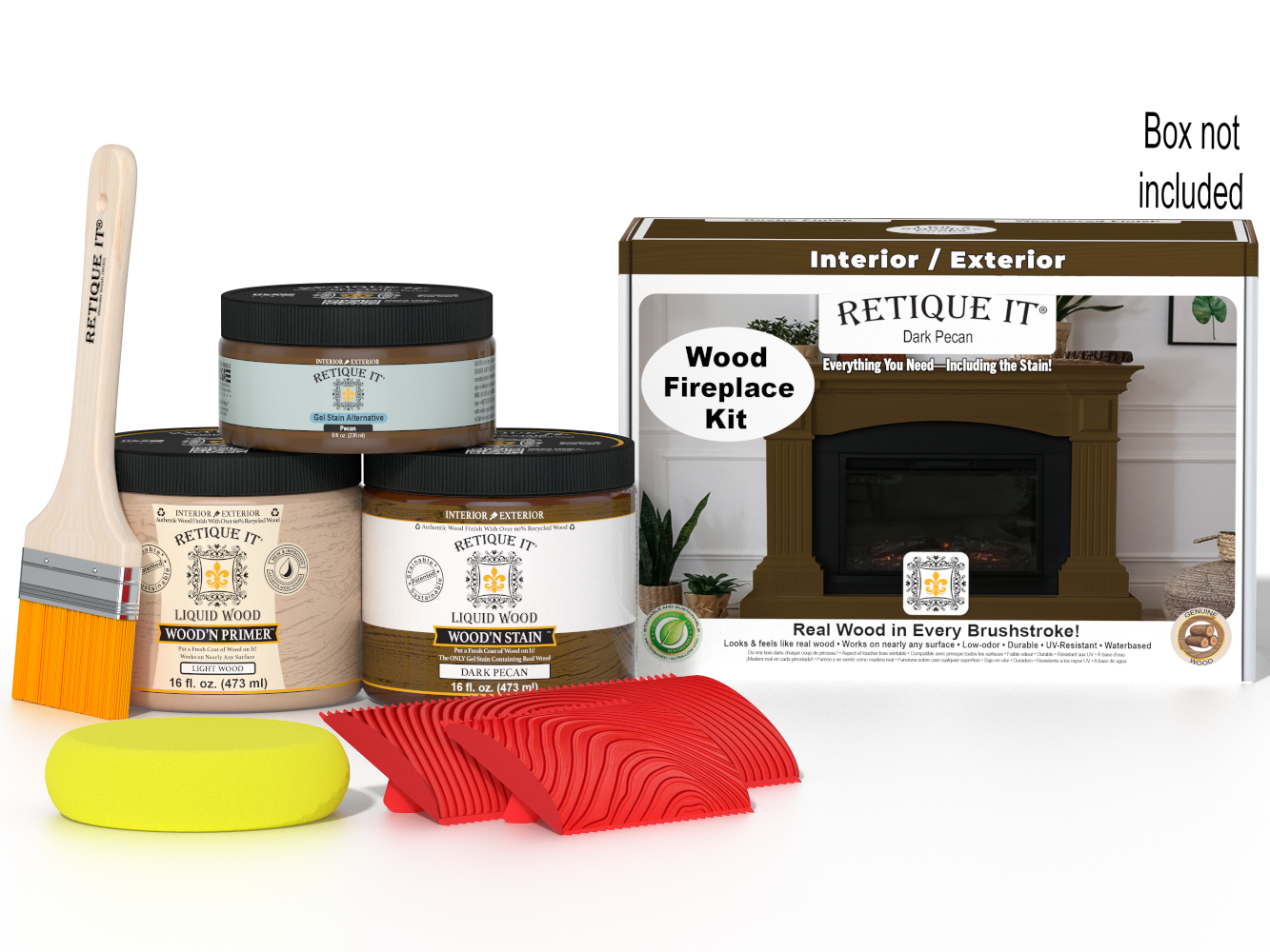 Retique It® Fireplace Wood'n Finish Kit in Dark Pecan stain, showing the full fireplace with wood finish and staining supplies.