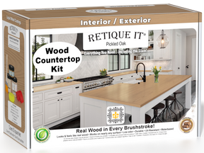 Retique It® pickled oak countertop kit for kitchen islands, featuring stain application on natural wood surface.