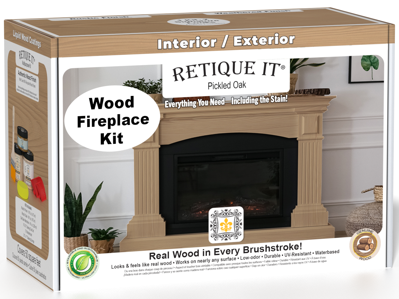 Retique It® Fireplace Wood'n Finish Kit in Pickled Oak stain, full fireplace project with stain bottles and application tools.