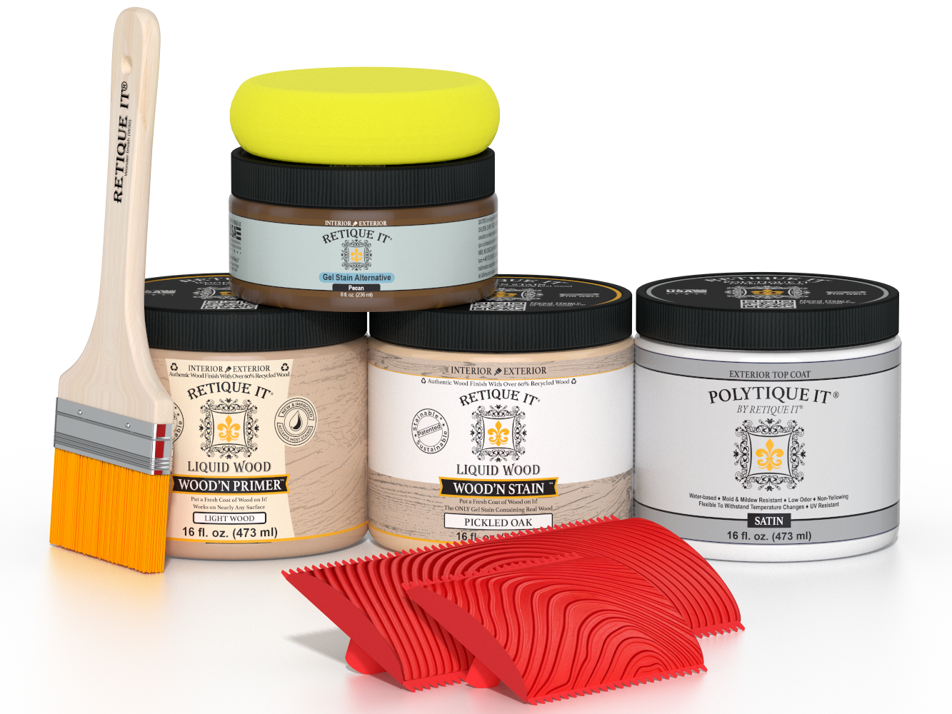 Retique It® Wood'n Finish Kit in Pickled Oak for exterior top coat, featuring satin wood finish and application tools.