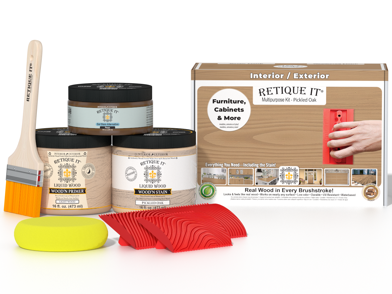 Retique It® Wood'n Finish Kit in Pickled Oak, medium multi-purpose wood finishing kit with brushes and applicators.