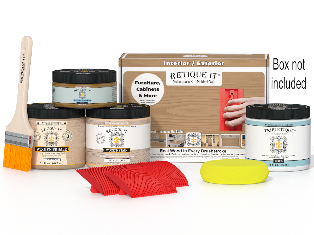 Retique It® Wood'n Finish Kit in Pickled Oak for interior top coat, featuring wood finish and application tools in a compact box.