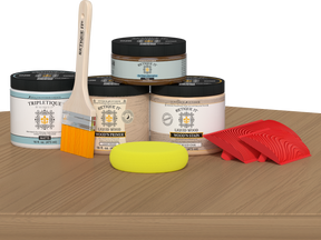 Retique It® Pickled Oak countertop kit for kitchen island with stain finish, displayed on a modern kitchen table.