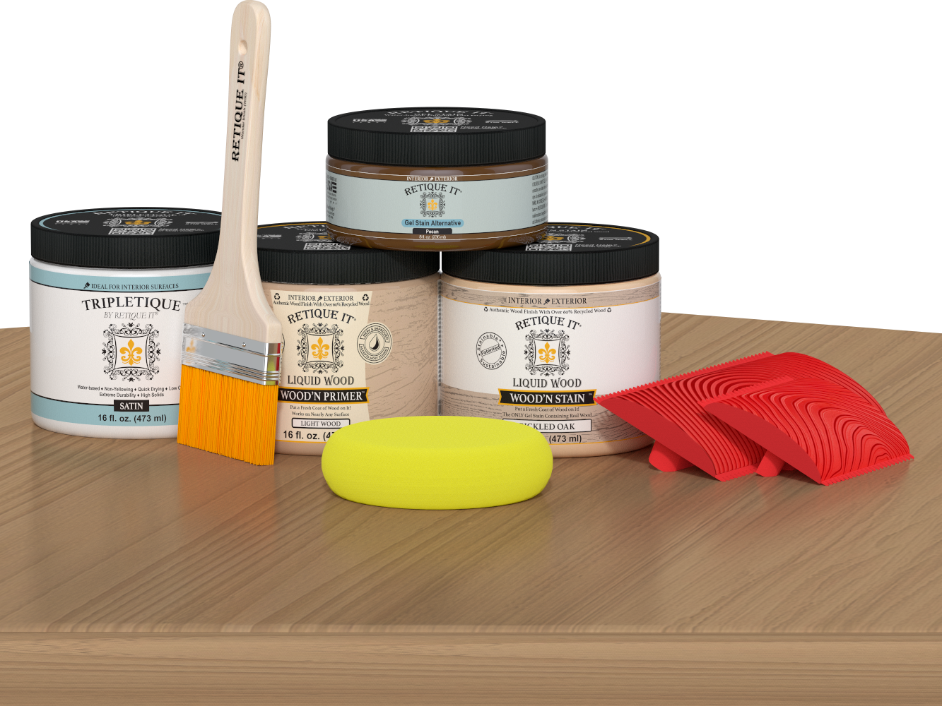 Retique It® Wood'n Finish Kit in Pickled Oak stain, double size, displayed on a table with stain bottles and application tools.