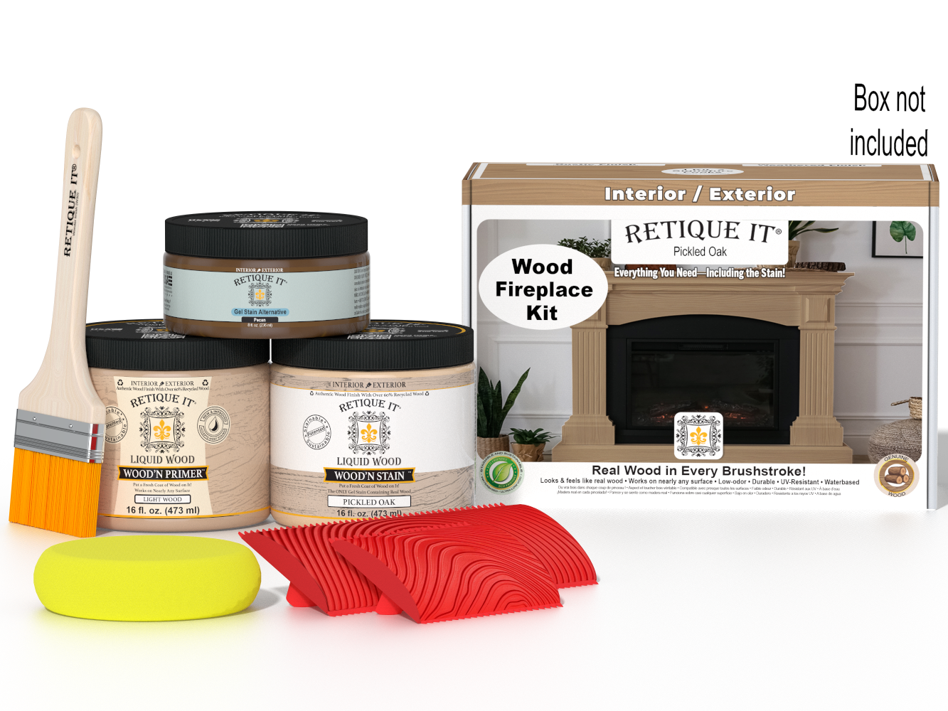 Retique It® Fireplace Wood'n Finish Kit in Pickled Oak stain, showing wood stain bottles and full fireplace sample.