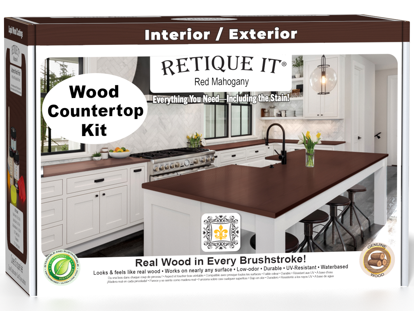 Red Mahogany stained kitchen island countertop kit by Retique It®, featuring a 3D view of the stain application on the surface.
