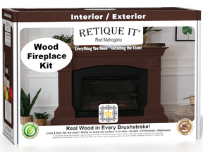 Retique It® Fireplace Wood'n Finish Kit in Red Mahogany stain, showing a full fireplace with wood finish application and stain color.