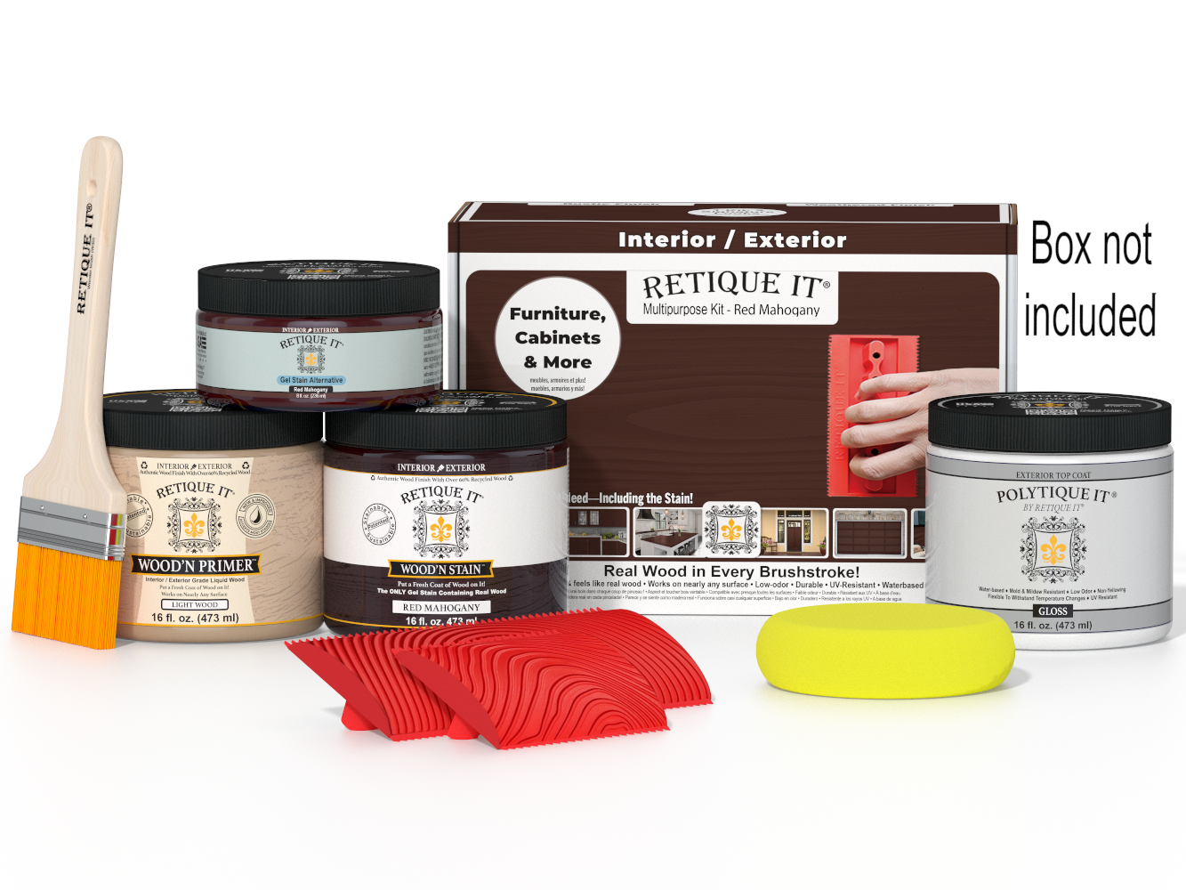 Retique It® Wood'n Finish Kit in Red Mahogany, medium size, with exterior top coat and accessories for wood finishing projects.