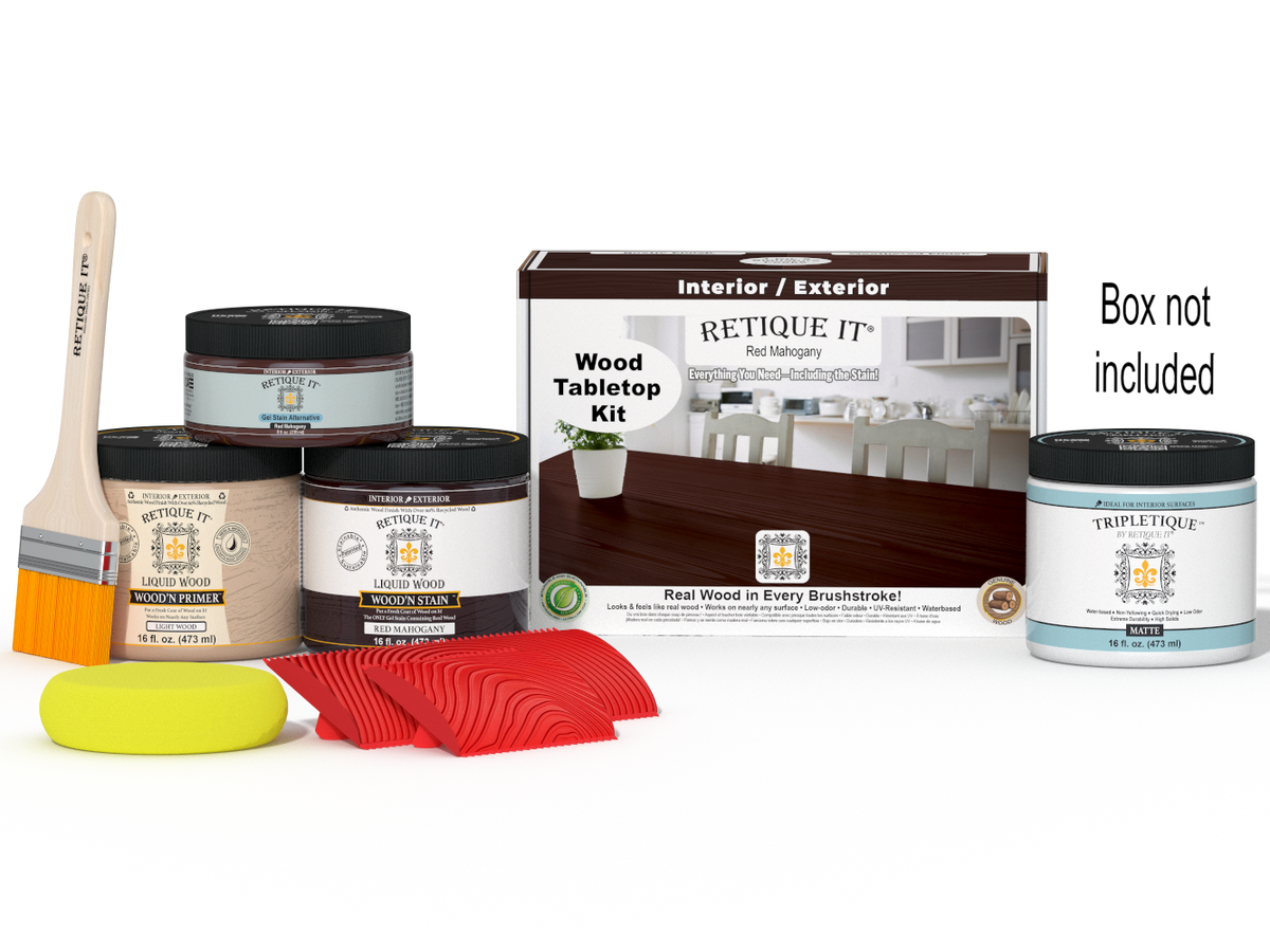 Retique It® Wood'n Finish Kit in Red Mahogany for tabletops, includes stain bottles and application tools, double size kit.