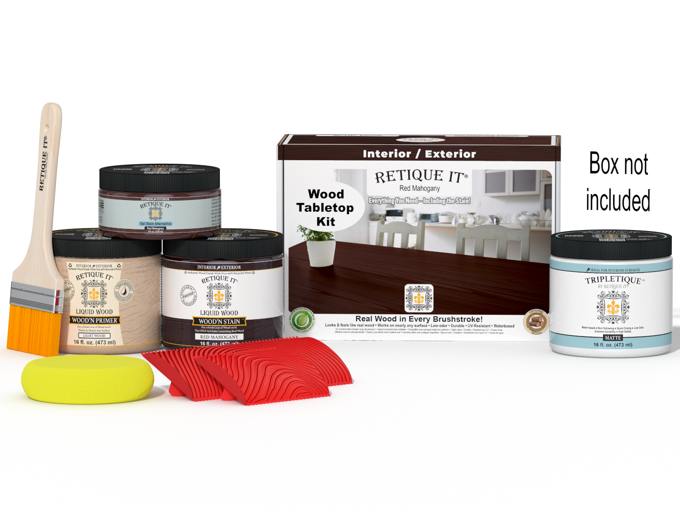 Retique It® Wood'n Finish Kit in Red Mahogany for tabletops, includes stain bottles and application tools, double size kit.