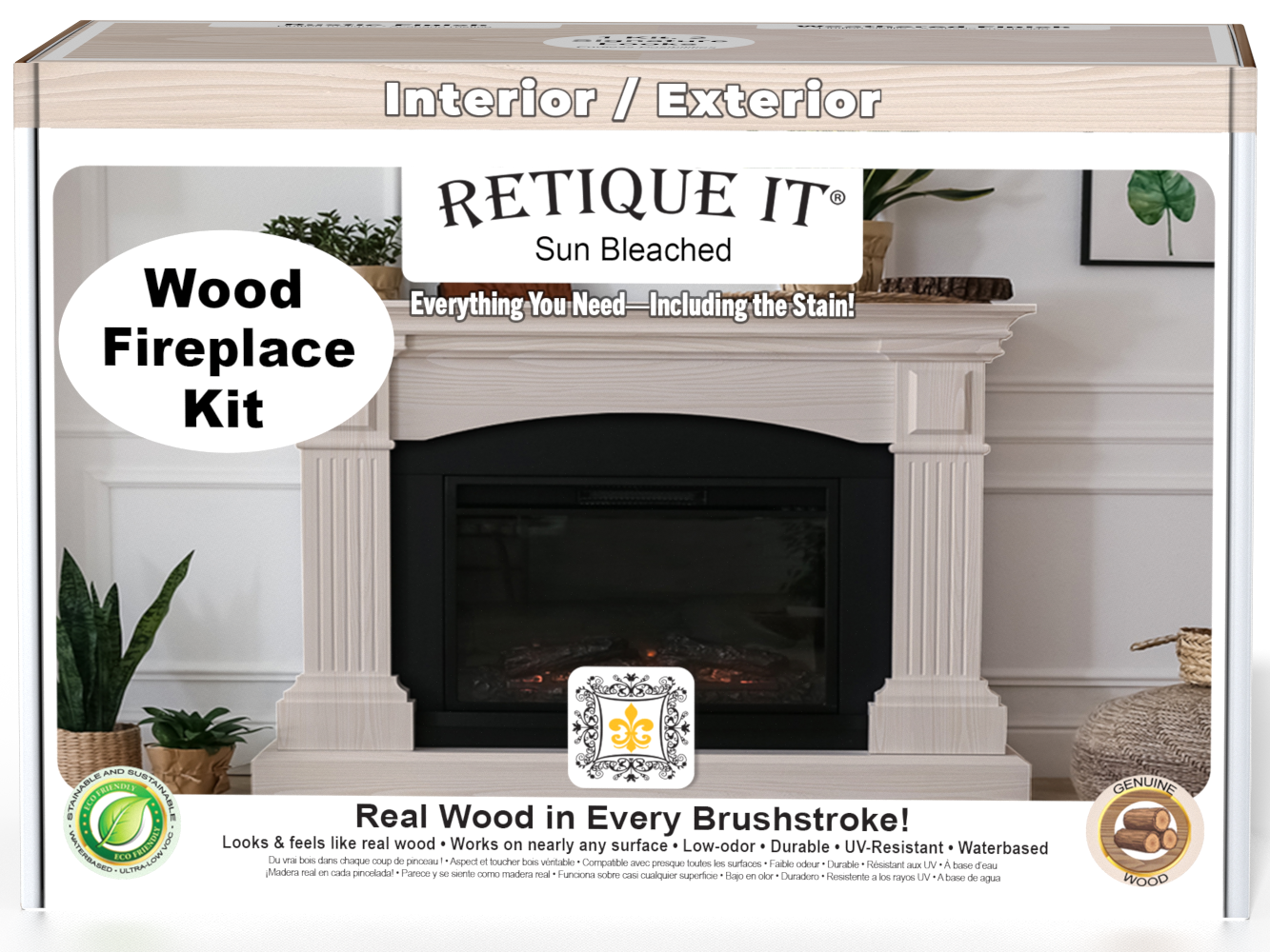 Retique It® Wood'n Finish Kit for full fireplace in sun bleached finish, with wood grain details and application tools visible.