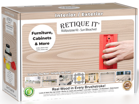 Sun-bleached Multi-purpose Wood'n Kit by Retique It® with wood finish bottles and application tools in a box.