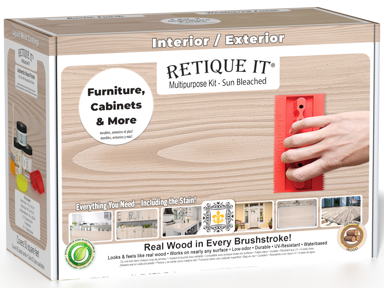 Sun-bleached Multi-purpose Wood'n Kit (Med) by Retique It® for interior top coating, featuring wood finish products in a box.