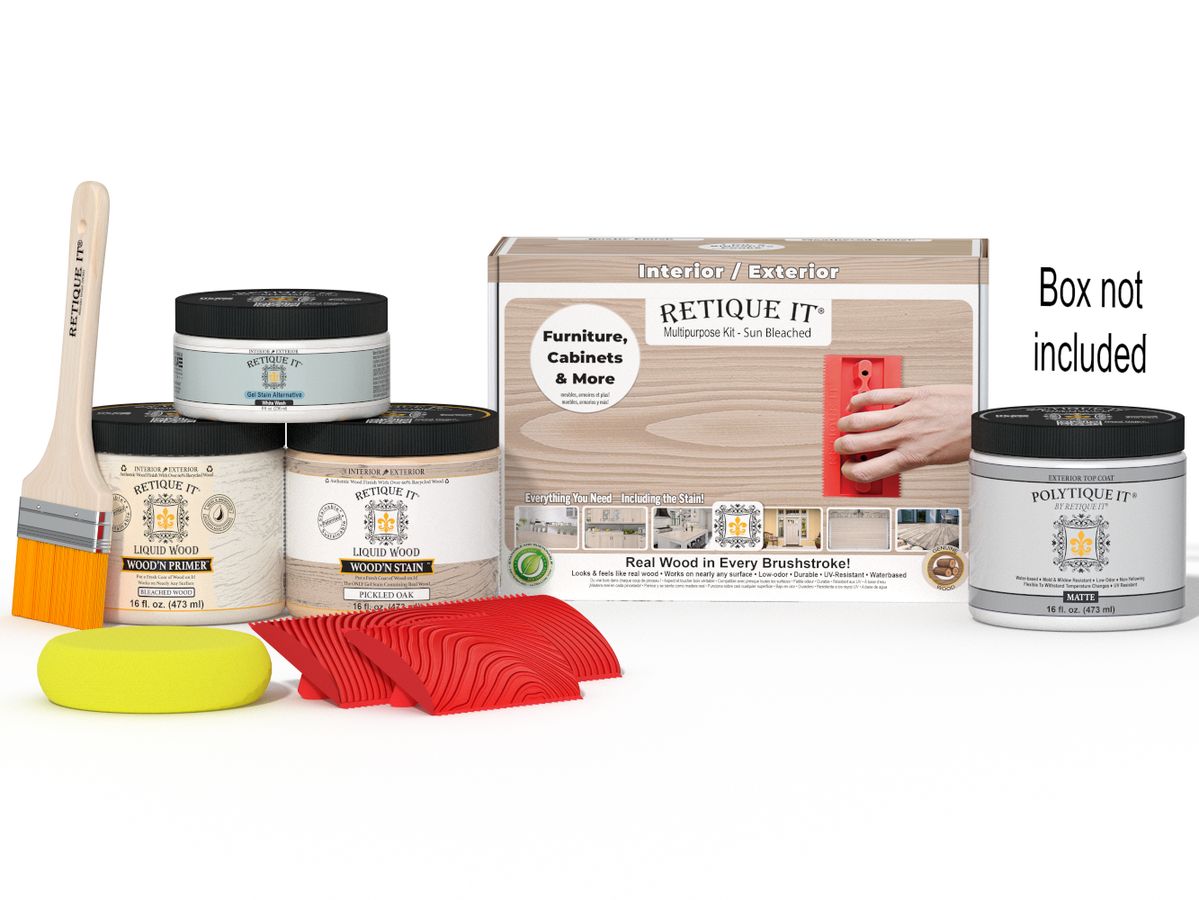 Sun bleached Multi-purpose Wood'n Kit by Retique It® for exterior wood finishing, includes top coat and application tools.