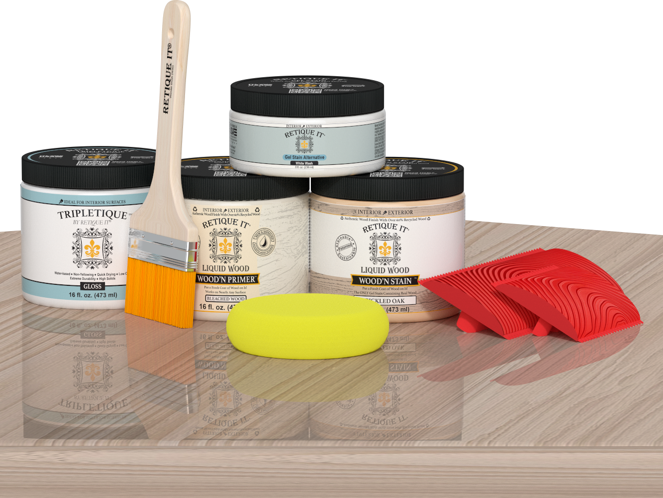 Double-sized Sun Bleached Wood'n Finish Kit by Retique It® with wood finish bottles and application tools on a table.
