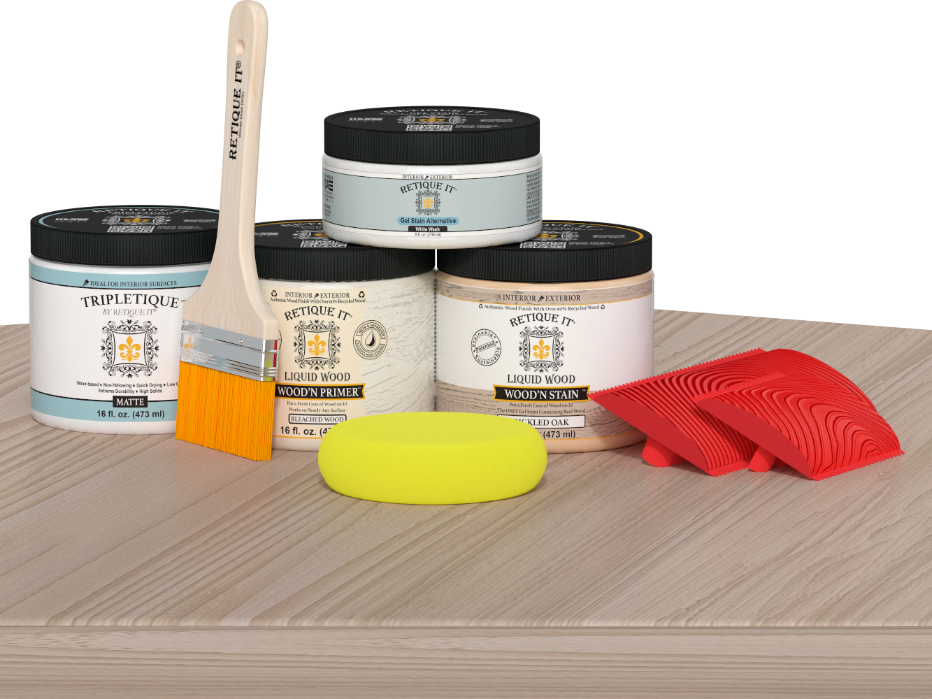 Sun bleached wood finish kit for kitchen island countertop by Retique It® Wood'n Finish Kits, shown on a kitchen island surface.