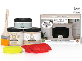 Retique It® Wood'n Finish Kit for full fireplace in Sun Bleached, includes wood stain and finishing tools, with packaging box visible.