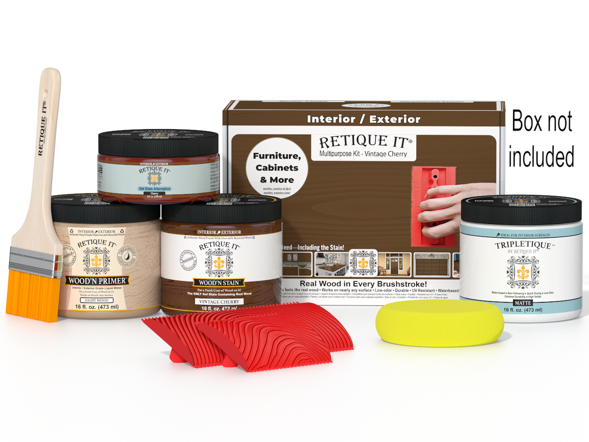 Retique It® Wood'n Finish Kit in Vintage Cherry, medium-sized interior top coat for wood furniture restoration.