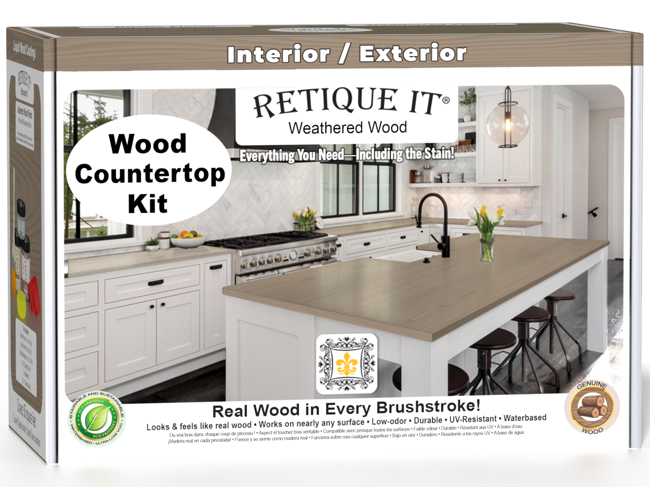 Weathered wood kitchen island countertop kit from Retique It® featuring stain options, shown in a 3D box view.