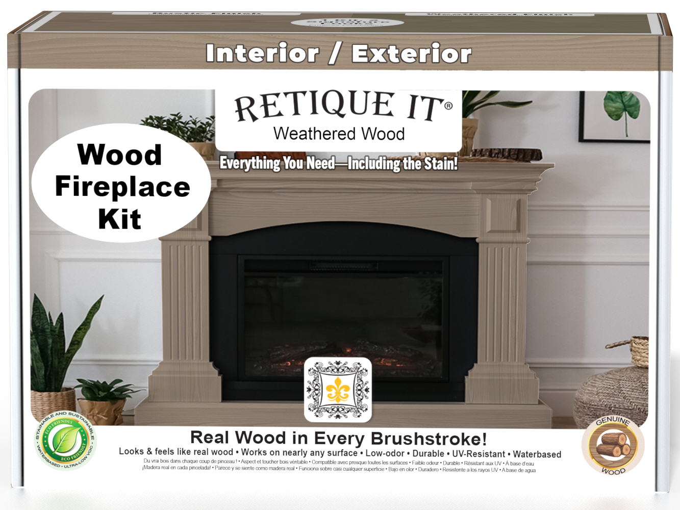 Retique It® Fireplace Wood'n Finish Kit with Weathered Wood stain, showing the full fireplace with wood finish application.