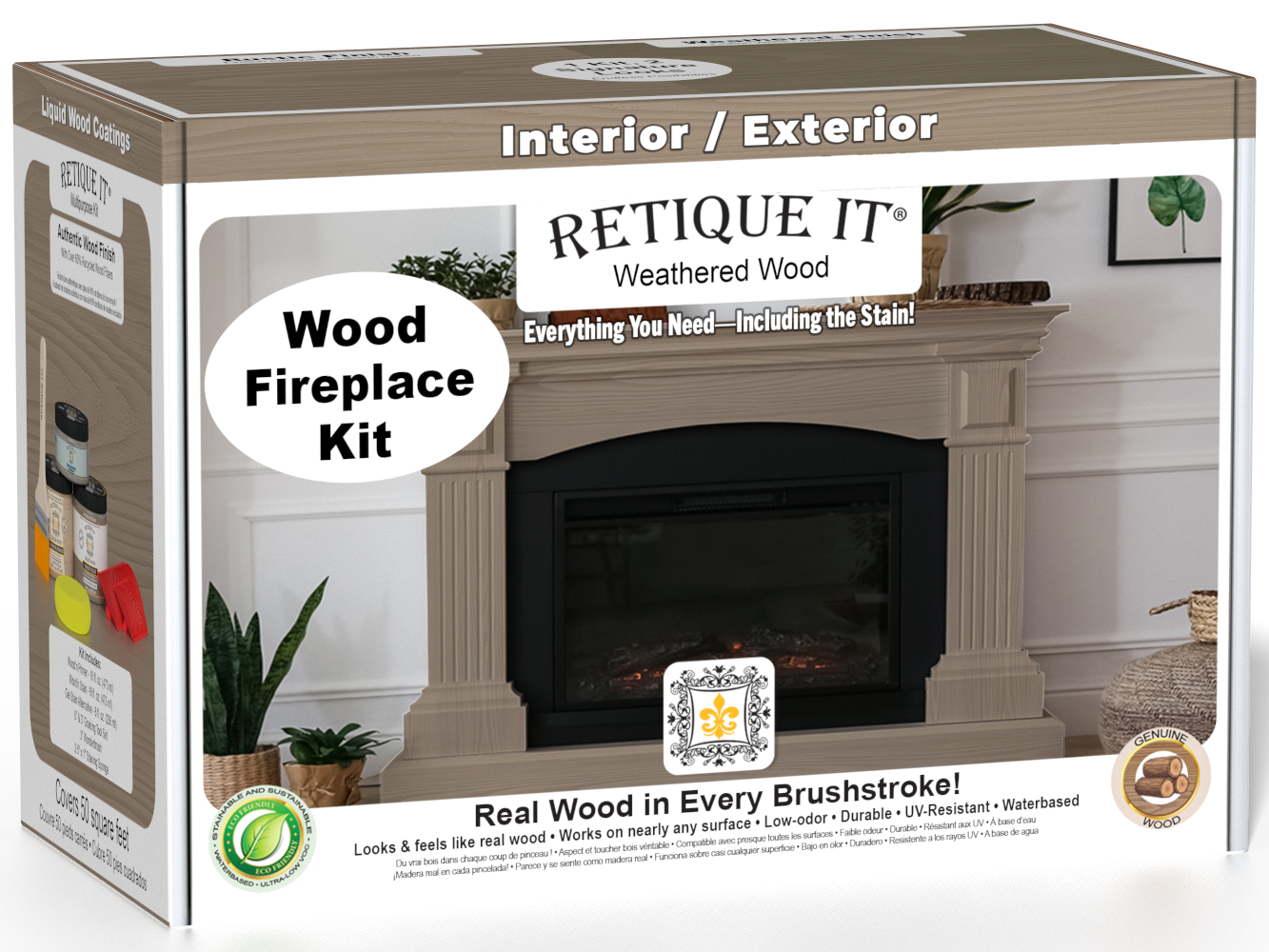 Retique It® Fireplace Wood'n Finish Kit in Weathered Wood stain, showing the full fireplace with weathered wood finish and stain application.