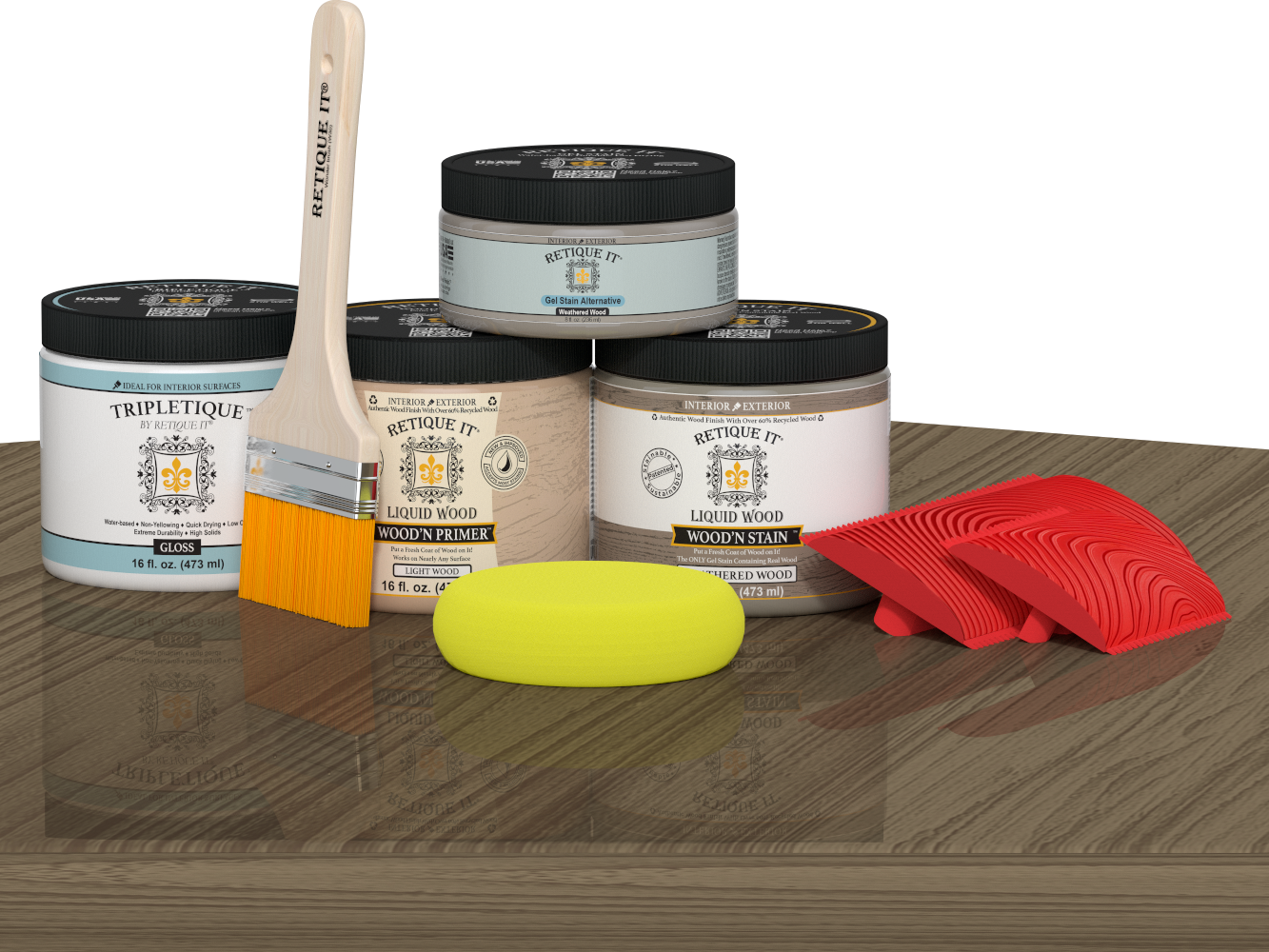 Retique It® Wood'n Finish Kit Double Size in Weathered Wood stain, featuring wood stain bottles and applicator tools on a table.