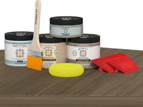 Retique It® Weathered Wood Tabletop Wood'n Finish Kit, double size stain set with applicator on table surface