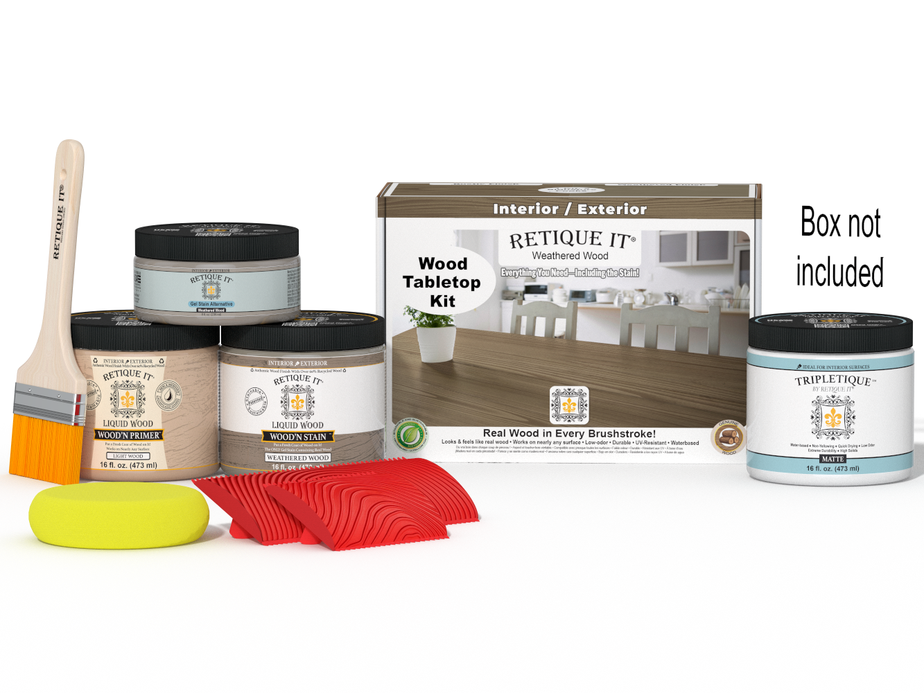 Retique It® Wood'n Finish Kit (Double Size) in Weathered Wood stain, featuring wood stain bottles and application tools for tabletop finishing.