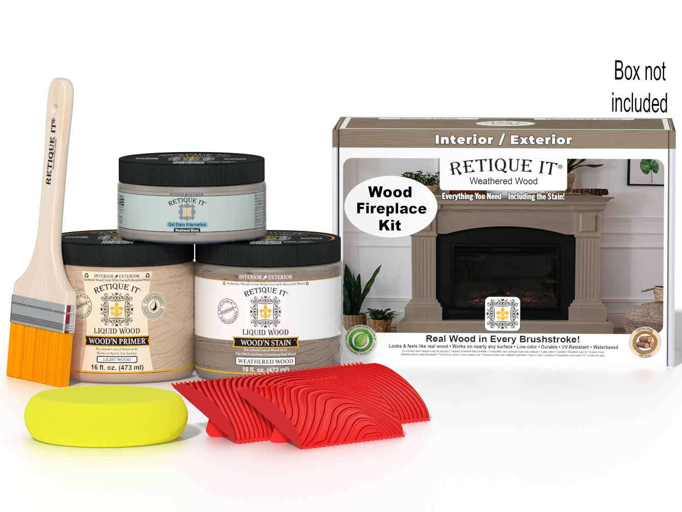 Retique It® Fireplace Wood'n Finish Kit in Weathered Wood stain, showing the full fireplace with weathered wood finish and stain details.