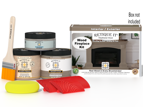 Retique It® Fireplace Wood'n Finish Kit in Weathered Wood stain, showing the full fireplace with weathered wood finish and stain details.