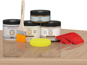 White Oak exterior wood finish kit by Retique It® with multi-purpose Wood'n Kit (Med) on a table, showcasing the product packaging.