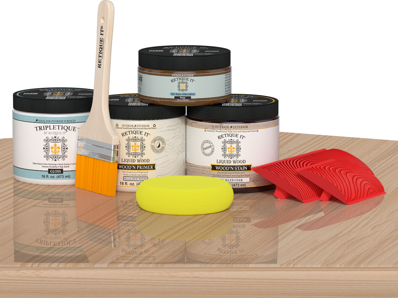 Retique It® Wood'n Finish Kit in White Oak, double-sized stain set displayed on a table with wood finish samples.