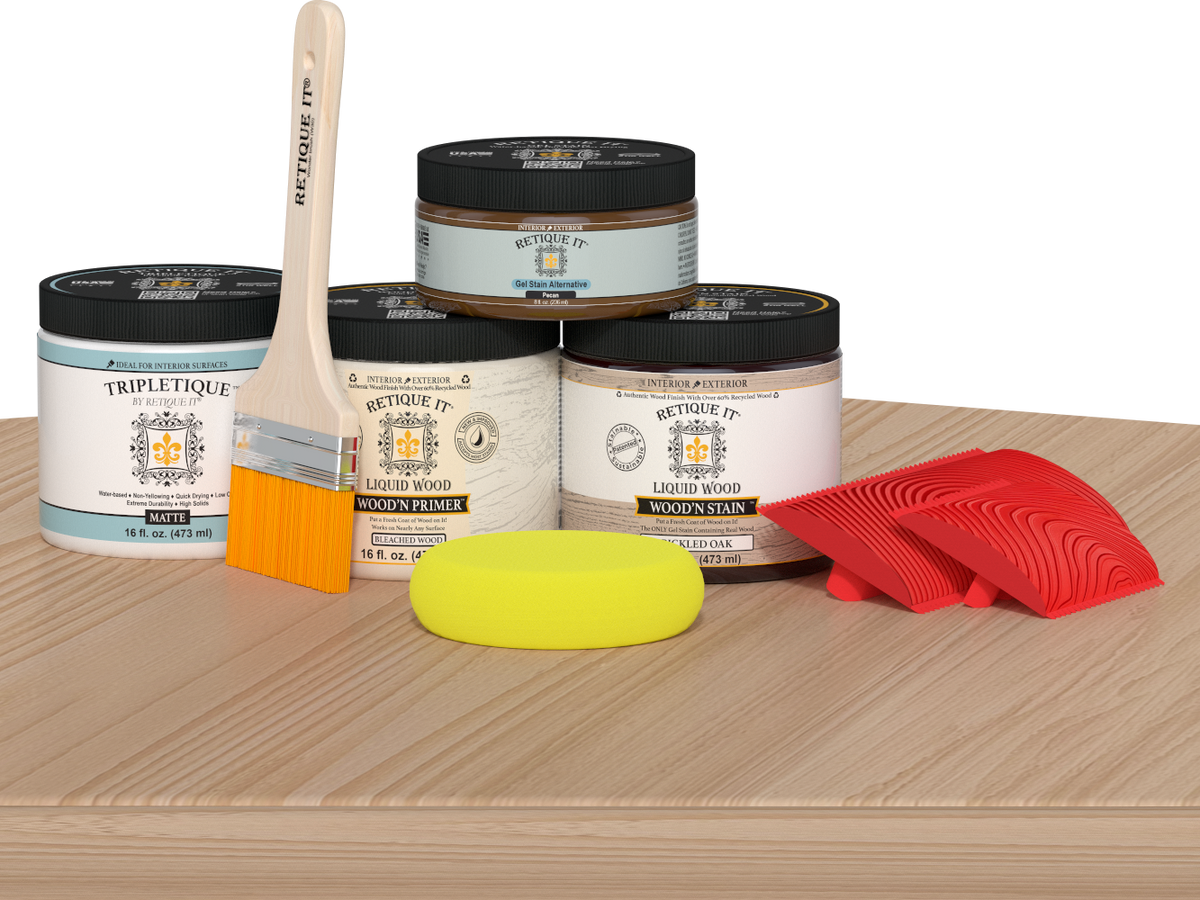 Retique It® Wood'n Finish Kit in White Oak for tabletops, featuring stain bottles and applicator for wood finishing projects