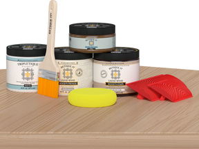 Retique It® Wood'n Finish Kit in White Oak for tabletops, featuring stain bottles and applicator for wood finishing projects