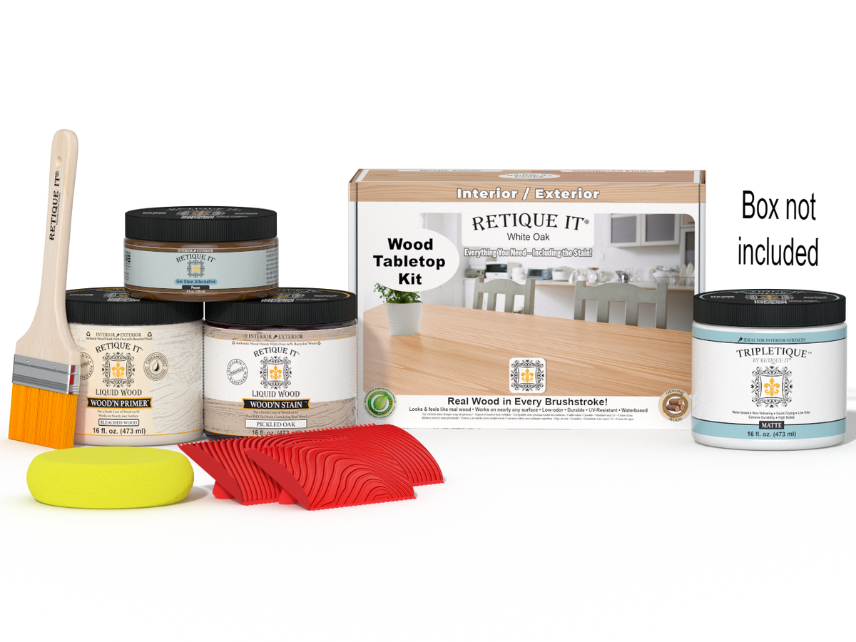 Retique It® Wood'n Finish Kit in White Oak for tabletops, featuring wood stain colors and application tools for furniture finishing.