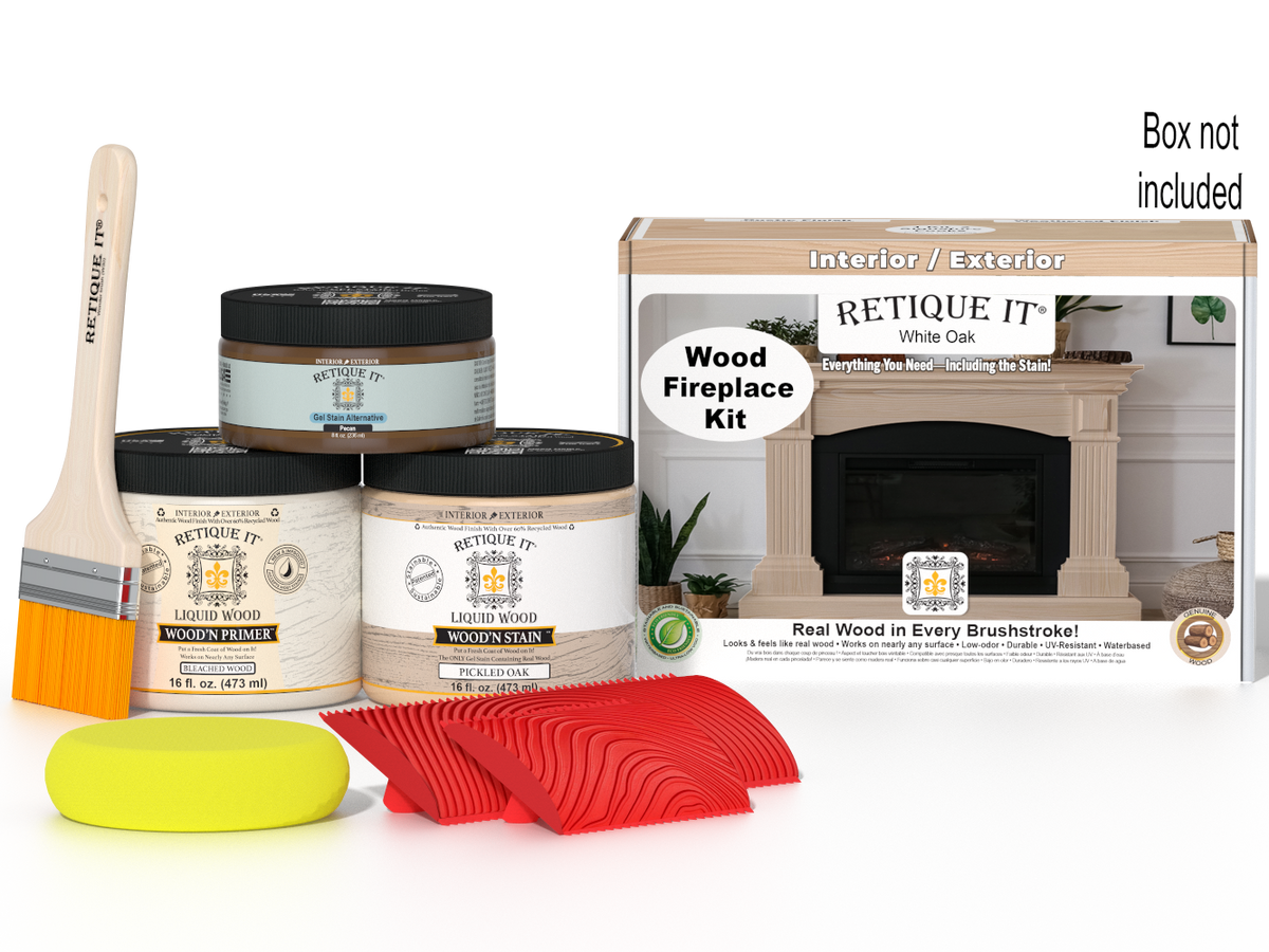 Retique It® Fireplace Wood'n Finish Kit in White Oak stain, showing a full fireplace with wood finish application and tools.