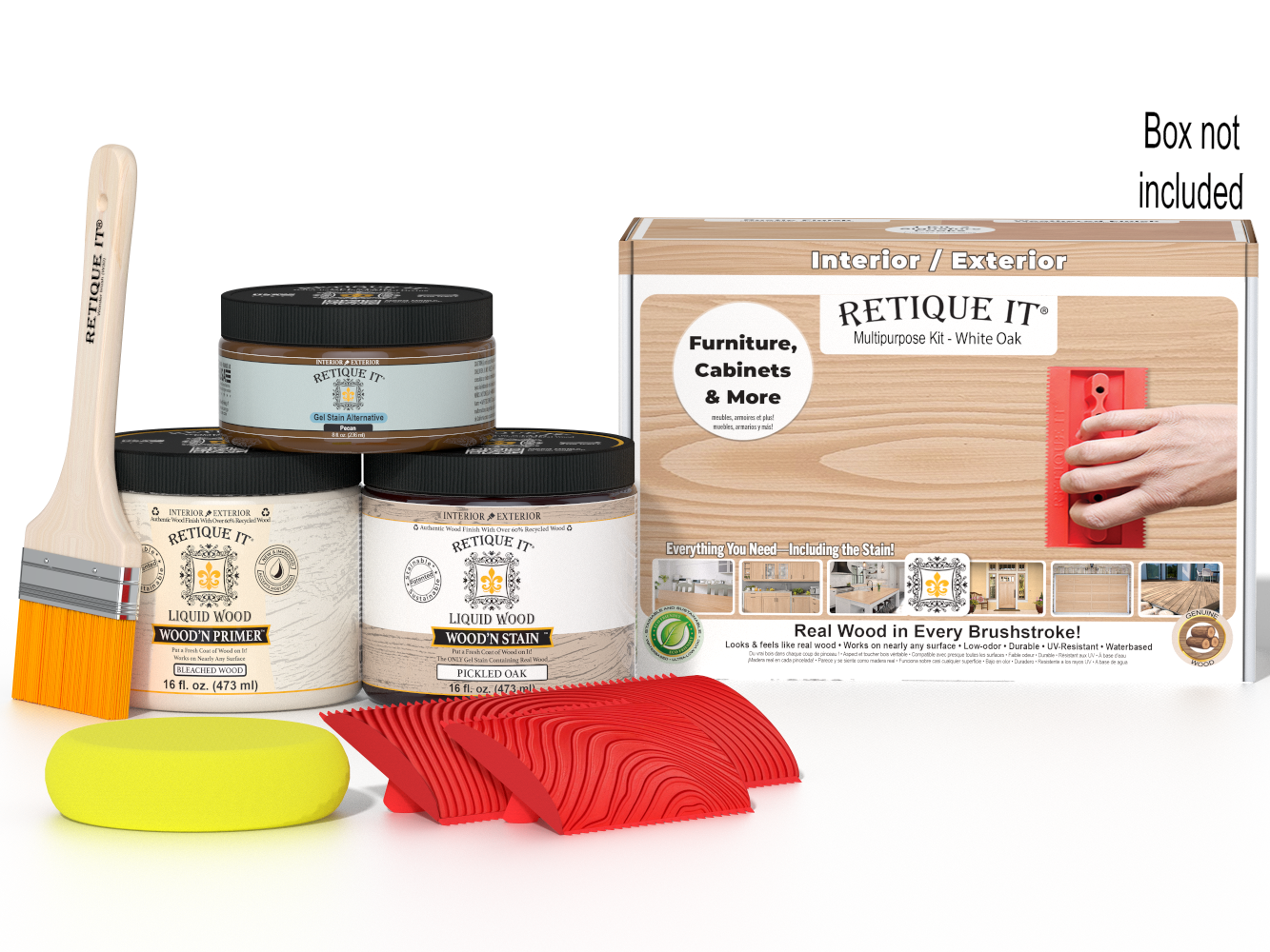 Multi-purpose Wood'n Kit in White Oak by Retique It® for wood finishing, featuring a box with various tools and products.