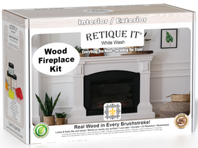 Retique It® Fireplace Wood'n Finish Kit in White Wash stain showing the full fireplace with a natural wood finish appearance.